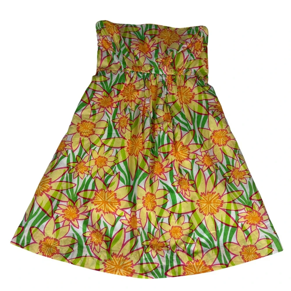 Lilly‎ Pulitzer Wyatt Strapless Cotton Sun Dress Yellow Green Daffodils Size 0 - Picture 8 of 9